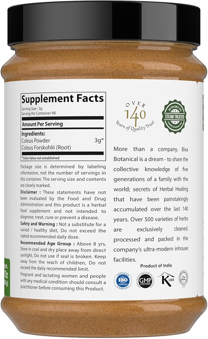 bixa BOTANICAL Coleus Forskohlii Root Powder | Forskolin-Rich Herb | 200 Grams / 7 OZ | Gluten Free Steam Treated Vegan 100% Pure.