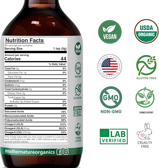 Mother Nature USDA Organic Black Seed Oil – Cold Pressed Unrefined &amp Vegan Nigella Sativa High Thymoquinone (2%+) Omega 3 6 9 for Immune Joint &amp Heart Support Hair &amp Skin Non-GMO 16