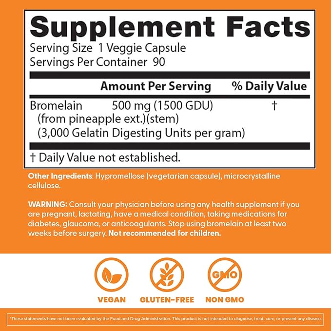 Doctor's Best 3000 GDU Bromelain Proteolytic Digestive Enzymes Supplements Supports Healthy Digestion Joint Health Nutrient Absorption 500 mgCapsule 90 Count(Pack of 1)