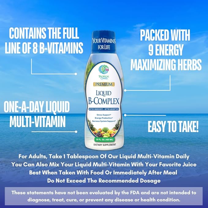 Premium Liquid B Complex Vitamin- Fast Absorbing Liquid B-Complex Supplement w/ all 8 B-vitamins PLUS energizing herbal blend w/ Ginseng Ginkgo and Eleuthero Root - Vegan NON-GMO - 16oz 32 Serv