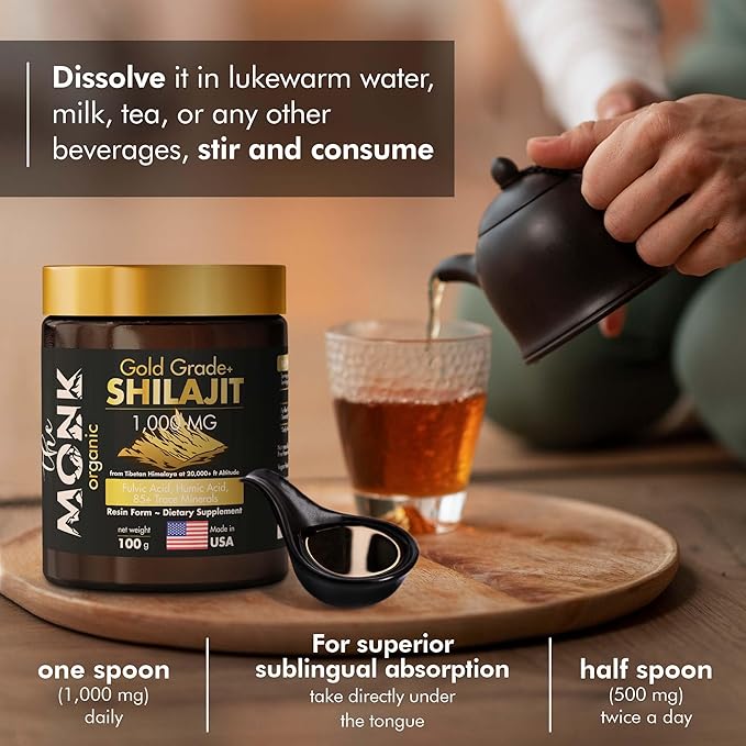 Organic Himalayan Shilajit Resin with Fulvic Acid Humic Acid 85+ Minerals- Gold Grade Plus - 100g 1000 mg Per Serving - Energy Stamina Brain Support - Made in The USA
