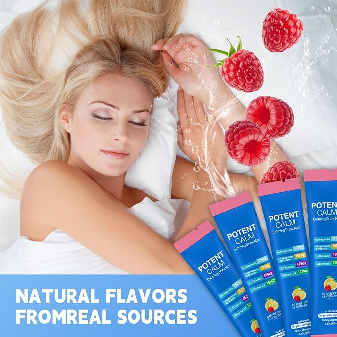 PotentCalm Super Cortisol Drink Magnesium Glycinate Powder L-theanine Ashwagandha Vitamin D No Sugar Raspberry Lemonade Electrolytes Powder - 30 Servings