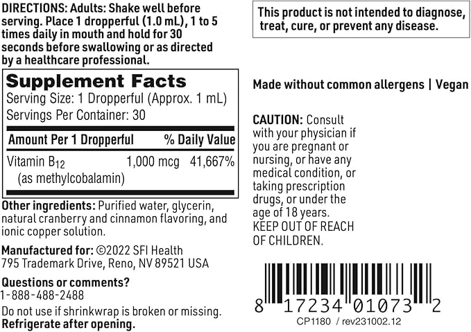 Klaire Labs SFI Health Vitamin B12 Liquid Drops 1mg - Methyl B12 Drops 1000mcg Active Methylcobalamin - Liquid Delivery for Efficient Absorption - Hypoallergenic (30ml / 1 fl oz)