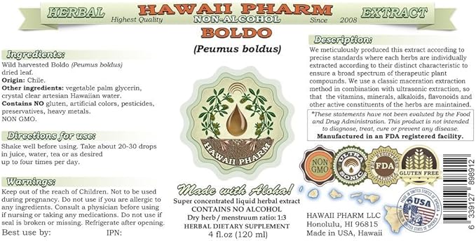 Hawaii Pharm Boldo Alcohol-Free Liquid Extract Boldo (Peumus boldus) Dried Leaf Glycerite Natural Herbal Supplement 2x4 oz
