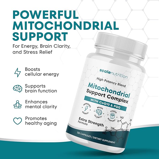 Mitochondrial Support Complex – Energy Focus &amp Brain Clarity Support – CoQ10 PQQ Acetyl-L-Carnitine – Cellular Energy &amp Stress Support Supplement - 120 Capsules