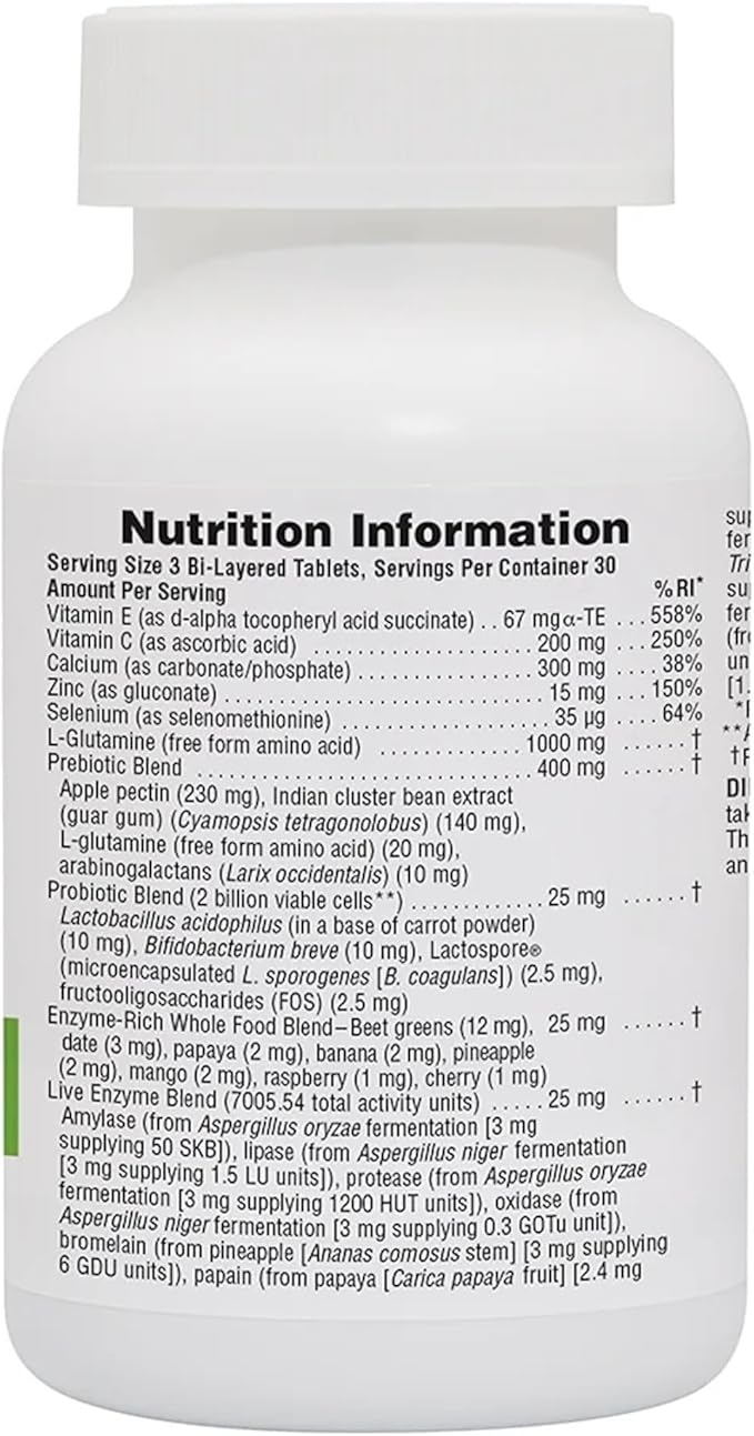 NaturesPlus GI Natural Total Digestive Wellness - 90 Bi-Layered Tablets - with L-Glutamine Probiotics Prebiotics &amp Enzymes - Gluten Free - 30 Servings