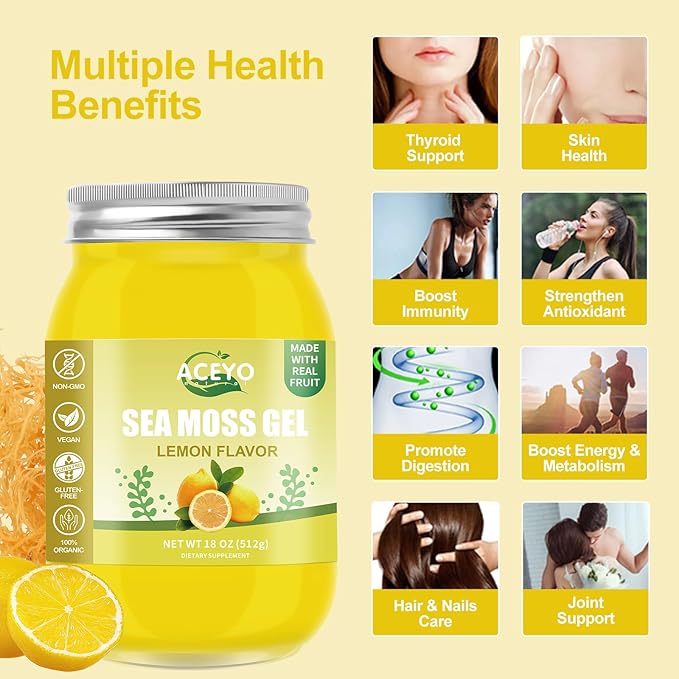 ACEYO (18 OZ) Irish Sea Moss Gel Organic Raw Vegan Lemon Flavor 102 Vitamins and Minerals Wild Harvested Non-GMO Immune Defense Booster Thyroid Digestive Support