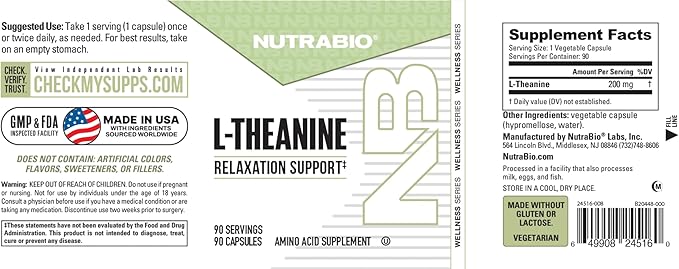 NutraBio L-Theanine Supplement 200mg - May Help Promote and Support Relaxation 90 Capsules