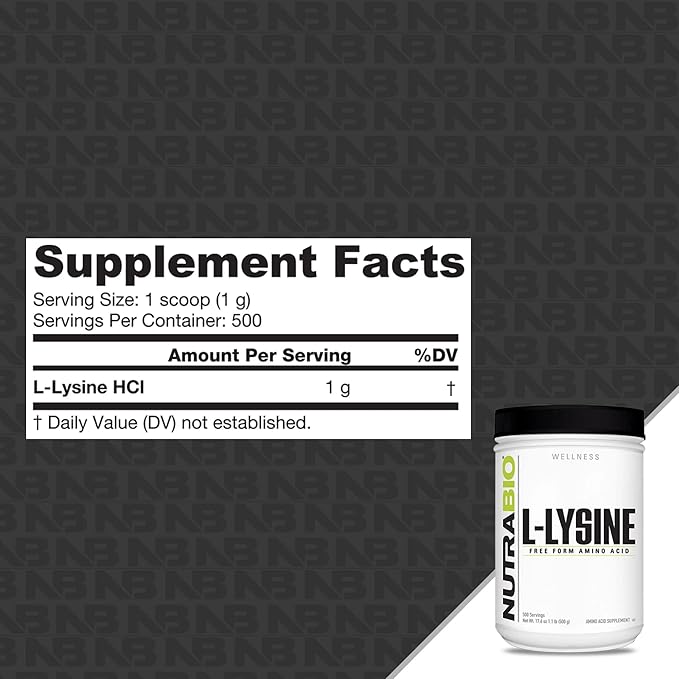 NutraBio L-Lysine Powder 500g – Essential Amino Acid for Protein Metabolism Collagen Support &amp Immune Health – Pure Unflavored Non-GMO Vegan- 500 Servings