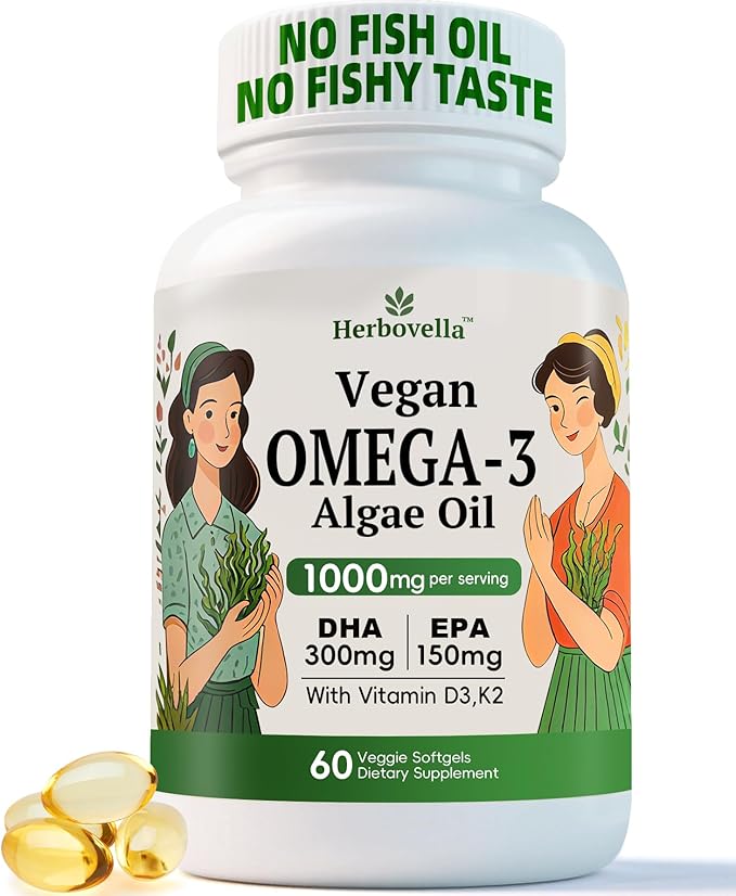 Vegan Omega 3 Softgels from Algae Oil – Fish Oil Alternative DHA 300mg EPA 150mg with Vitamin D3 K2 No Fishy Taste Plant-Based Omega-3 Supplement