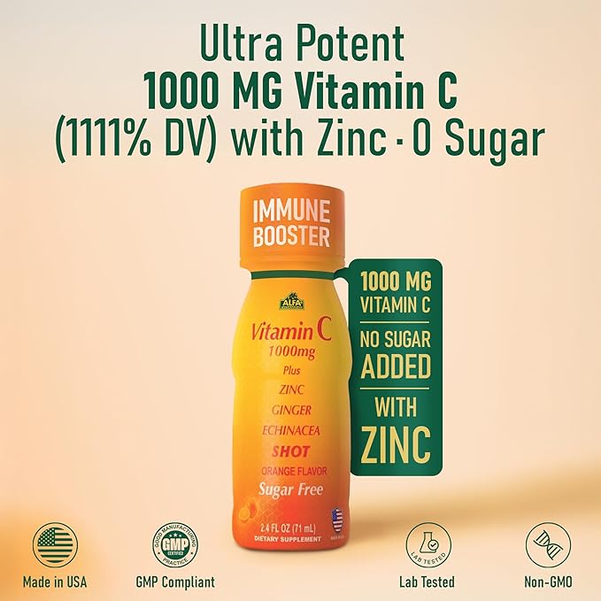 ALFA VITAMINS Vitamin C Shot 1000mg with Zinc Ginger &amp Echinacea – Supports Immune Health &amp Daily Wellness – Orange Flavor – 2.4 FL Oz Bottle – 4 Pack