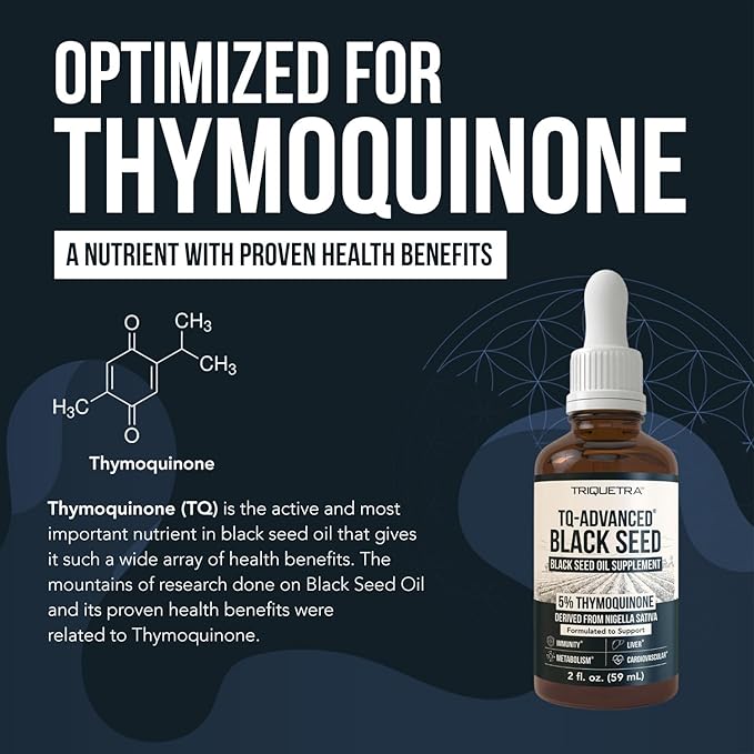 Black Seed Oil Liquid | 5% Thymoquinone - TQ-Advanced® | High Potency - 100 mg per Serving - 15:1 Concentrate from Nigella Sativa Extract Raw Form Vegan Formula Glass Bottle (30 Servings)