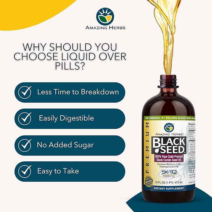 Amazing Herbs Premium Black Seed Oil - Gluten Free Non GMO Cold Pressed Nigella Sativa Aids in Digestive Health Immune Support Brain Function Joint Mobility - 16 Fl Oz (Pack of 2)