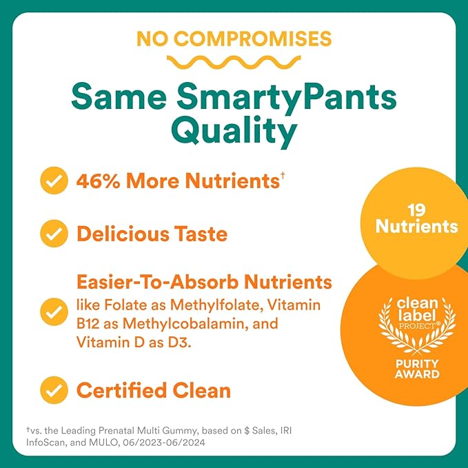 SmartyPants Prenatal Multivitamin Gummies Omega 3 (DHA/EPA) Methylfolate Biotin Vitamin D3 C Vitamin B12 B6 Vitamin A K &amp Zinc Gluten Free 90 Count (30 Day Supply)