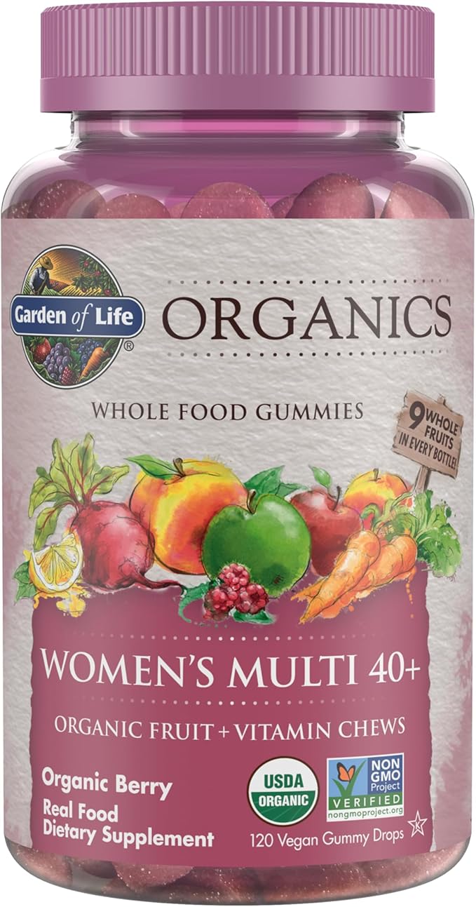 Garden of Life Organics Women 40+ Gummy Vitamins - Berry - Certified Organic Non-GMO Vegan Kosher Complete Multi - Methyl B12 C &amp D3 - Gluten Soy &amp Dairy Free 120 Real Fruit Gummies