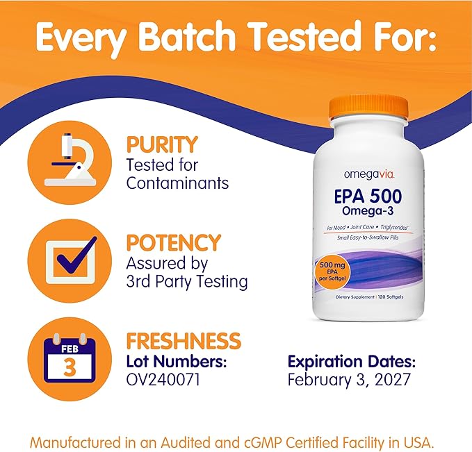 OmegaVia EPA 500 Purified Omega-3 Fish Oil Supplement 500 mg EPA in Triglyceride Form Burpless Fish Oil Non-GMO Gluten-Free IFOS 5-Star 120 Softgels (Pack of 2)