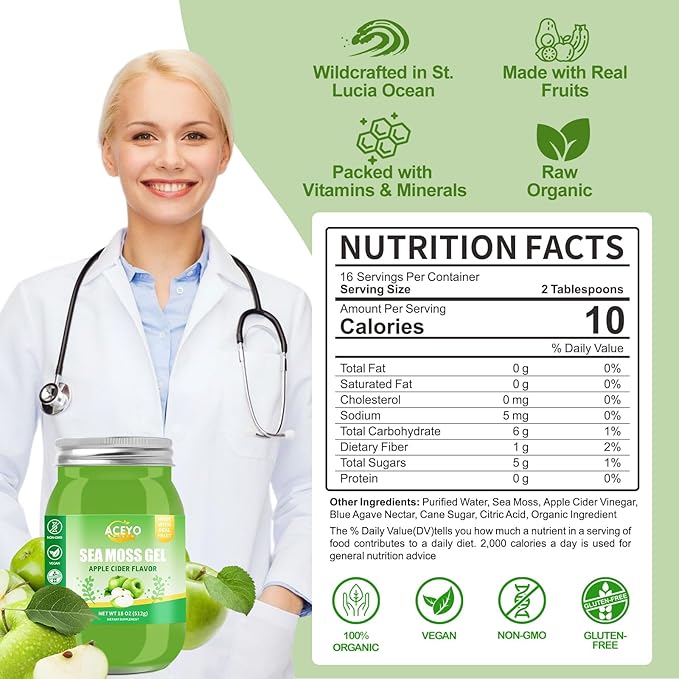 (18 OZ) Irish Sea Moss Gel Organic Raw Vegan Apple Flavor 102 Vitamins and Minerals Wild Harvested Non-GMO Immune Defense Booster Thyroid Digestive Support