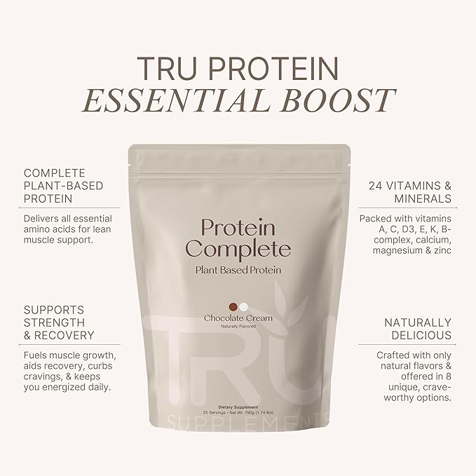TRU Supplements Plant Based Protein Powder BCAA EAA 20g Vegan Brown Rice &amp Pea Protein 100 Calories 27 Vitamins No Artificial Flavors 25 Servings (Natural Chocolate Cream)