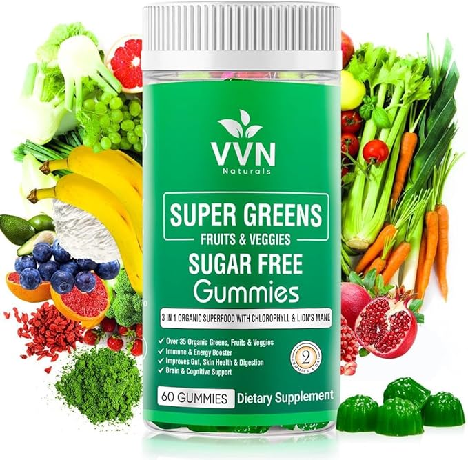 Sugar-Free Real Organic Fruits Super Greens and Veggies Gummies | 35+ Nutritious &amp Healthy Greens Fruits and Vegetables for Improved Immunity Skin Health &amp Energy Boost|60 Vegan Gummies