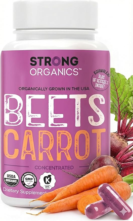 Organic Beet Root &amp Carrot Juice Powder Capsules – USA Grown Raw Cold Pressed – Nitric Oxide Eye Health Skin &amp Heart Support – Beta Carotene Whole Food Vitamin A – Vegan Non-GMO Kosher –