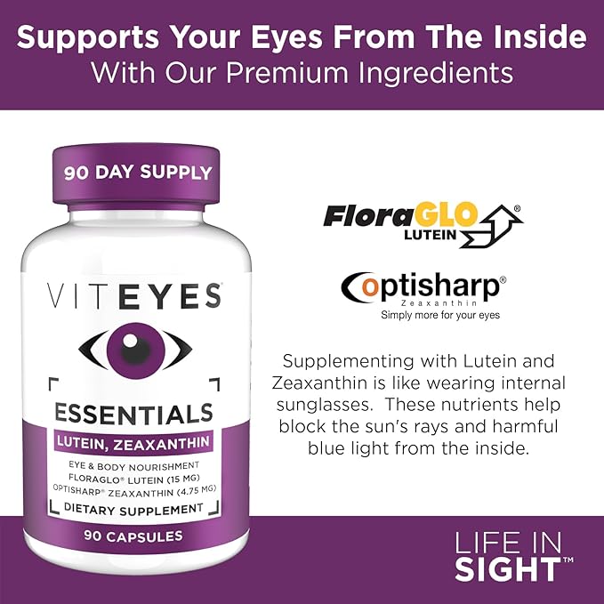 Viteyes Essentials Eye Health Dietary Supplement Lutein &amp Zeaxanthin for Macular Support 90 Capsules