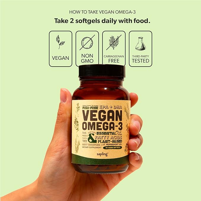 Vegan Omega 3 Supplement - Plant Based DHA &amp EPA Fatty Acids - Carrageenan Free Alternative to Fish Oil Supports Heart Brain Joint Health - Sustainably Sourced Algae - 60 Softgels