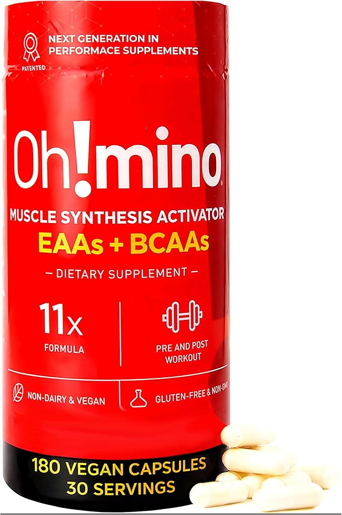 Oh!mino Essential Amino Acids Supplement Caffeinated Capsules All 9 EAAs BCAAs The Perfect Amino for Workouts Amino Energy and to Build Muscle and Recover Faster