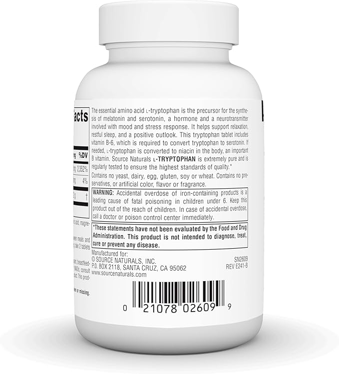 Source Naturals L-Tryptophan with Vitamin B-6 - Support Mood Relaxation and Sleep - 1000mg - 60 Tablets