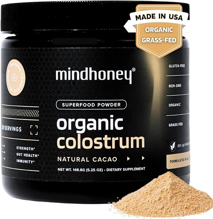 MINDHONEY Organic Colostrum | Premium Cacao Flavored Superfood Powder | Gut Health &amp Immunity Skin &amp Hair Anti-Aging Performance &amp Recovery | Grass-Fed Pasture-Raised | 30 Servings