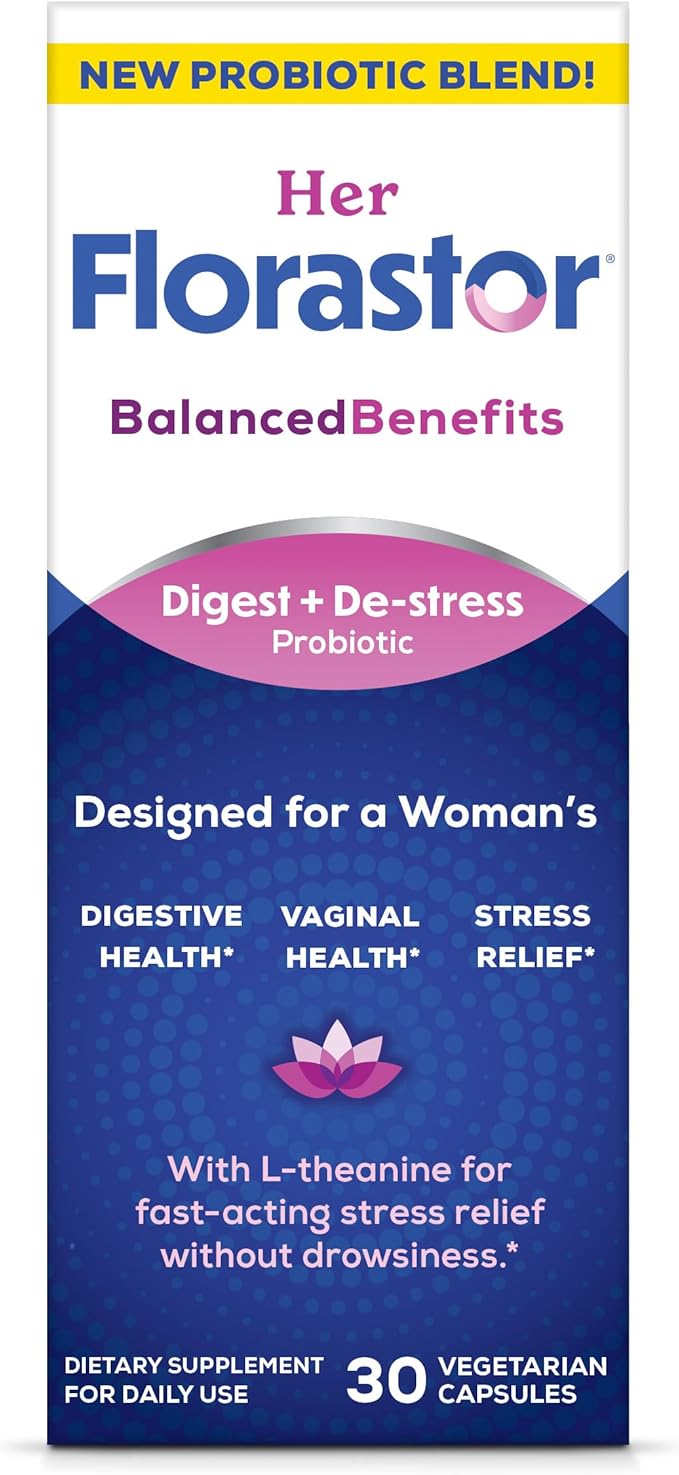 Florastor Probiotics for Women Digest and De-Stress Probiotics for Digestive Health Vaginal Probiotic and L-Theanine for Mind and Body Wellness 30 Capsules