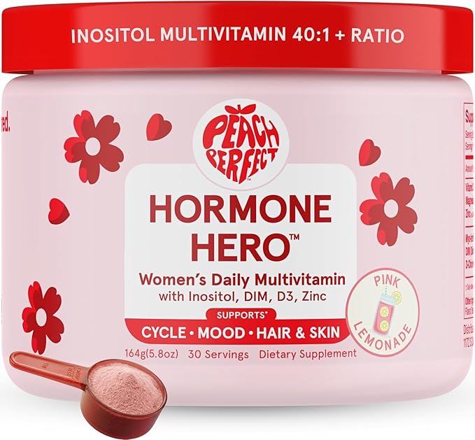 Peach Perfect Inositol Powder Multivitamin Pink Lemonade Flavor – 4g Myo &amp D-Chiro Inositol DIM Zinc Magnesium Glycinate Vitamin D3 – Supports Women’s Health Cycle Energy 30 SVG
