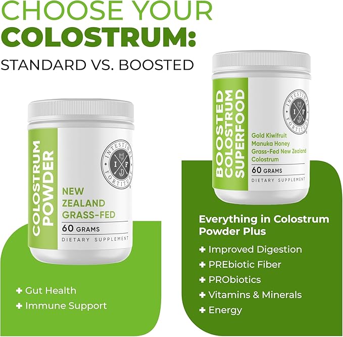 Intestinal Fortitude 100% Grass Fed New Zealand Cows Colostrum Powder Grassfed Hormone Free GMO Free Optimal Gut Health and Immune System Support Leaky Gut IBD 60 Grams