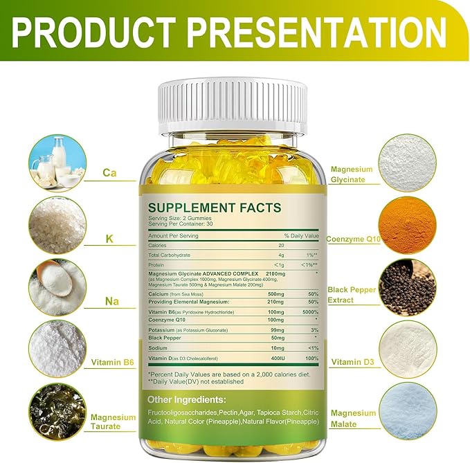 Magnesium Glycinate Gummies 400mg Sugar Free Magnesium TaurateMagnesium Malate Supplement with Vitamin D B6 CoQ10 for Relaxation Stress Relief Muscle Bone &amp Sleep Support-120 Pineapple Gumm
