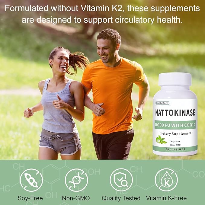 Nattokinase 10000 FU with CoQ10 100mg Vitamin K2 Free 90 Capsules - Premium Support for Heart Brain &amp Circulatory Health Cardiovascular System &amp Energy Supplement