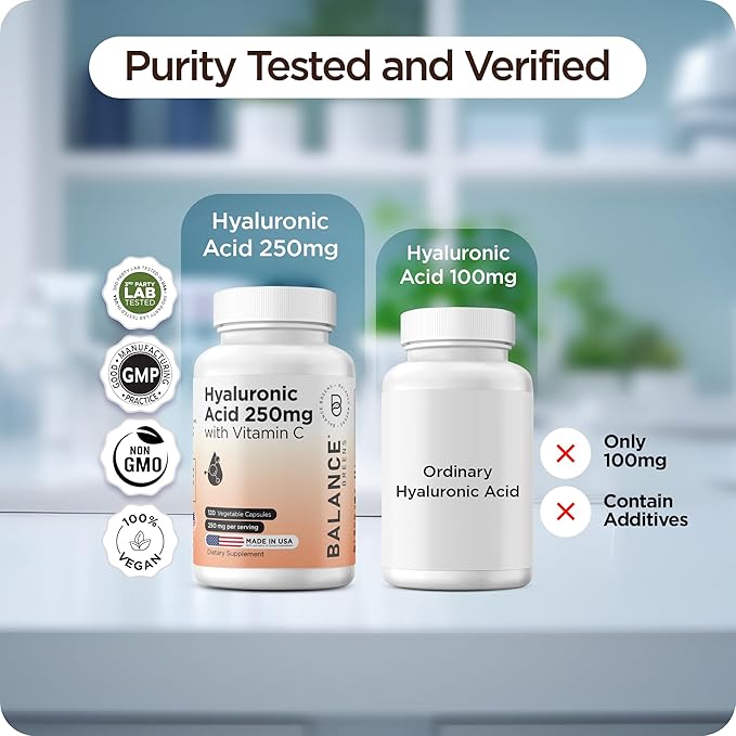 Pure Hyaluronic Acid Supplement 250mg with Vitamin C 50mg 120 Vegan Capsules - Skin Hydration for Natural Glow Hair Nails Bone &amp Joint Health Formula 120 Count (Pack of 12)
