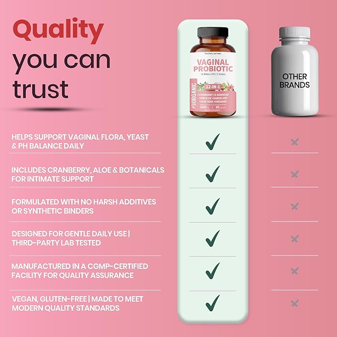 Women’s Vaginal Microflora Probiotic Complex | Everyday Freshness &amp Comfort Formula | 12-in-1 Blend with Cranberry D-Mannose &amp Hibiscus | Third-Party Tested cGMP Facility Vegan Non-GMO 60
