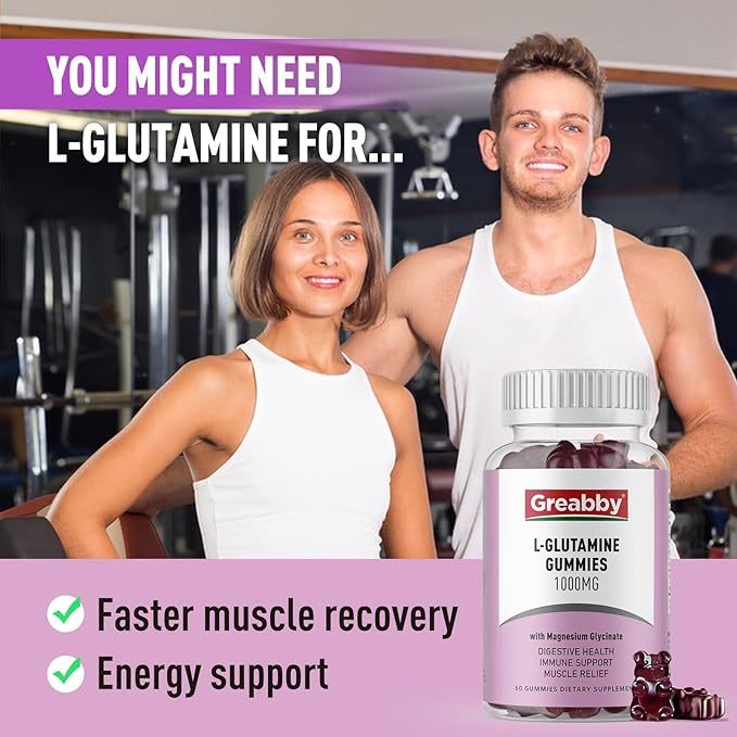 L Glutamine 1000mg Gummies - Muscle Relief &amp Immune Support Amino Acid Supplement with Magnesium Glycinate Vegan &amp Non-GMO Gluten Free (60 Count)