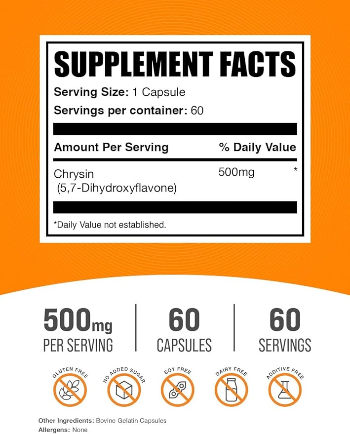 BulkSupplements.com Chrysin Capsules - 57-Dihydroxyflavone Chrysin Supplement - Gluten Free 1 Capsule per Serving (500mg) 60 Capsules (Pack of 1)