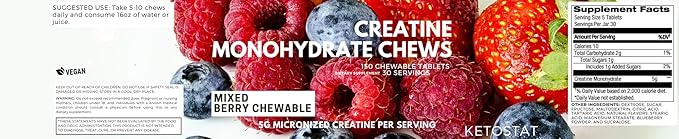 Ketostat Creatine Tablet Chews 150ct 5G Micronized Monohydrate Sour Candy Mixed Berry Flavor