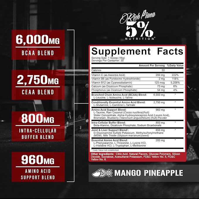 5% Nutrition Rich Piana AllDayYouMay BCAA Powder | Premium Intra &amp Post Workout Amino Acids Hydration Endurance Muscle Recovery Joint &amp Liver Support | 16.93 oz 30 Servings (Mango Pineapp