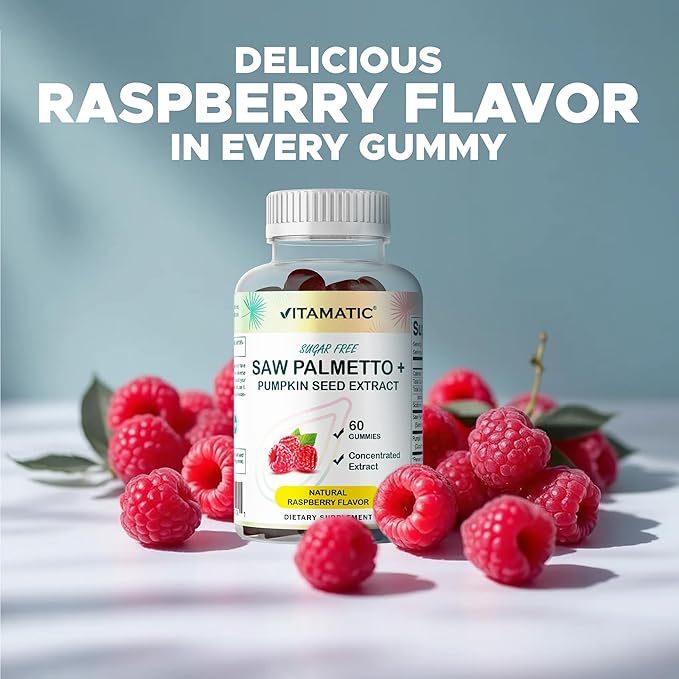 Vitamatic Pumpkin Seed &amp Saw Palmetto Gummies – Sugar-Free Botanical Extract – Natural Raspberry Flavor – Vegan Non-GMO Plant-Based Gummies – 60 Count - 2 Pack (120 Count)