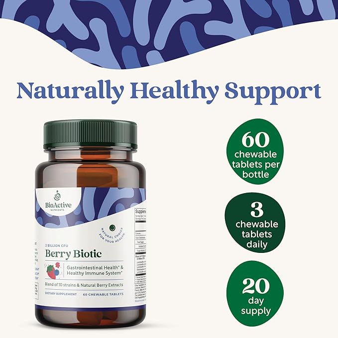 BIOACTIVE NUTRIENTS BerryBiotic Chewable Probiotics &amp Prebiotics Supplement-for Men Women and Children-10 Verified Strains-2 Billion CFUs-60 Count