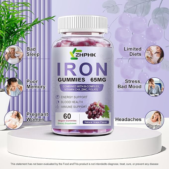 Vegan Iron Supplement 65mg Iron Gummies for Women and Men with Vitamin C 250mg Vitamin A B-Complex Biotin Zinc &amp Folate Folate for Energy Boost Immune Health 120 Count