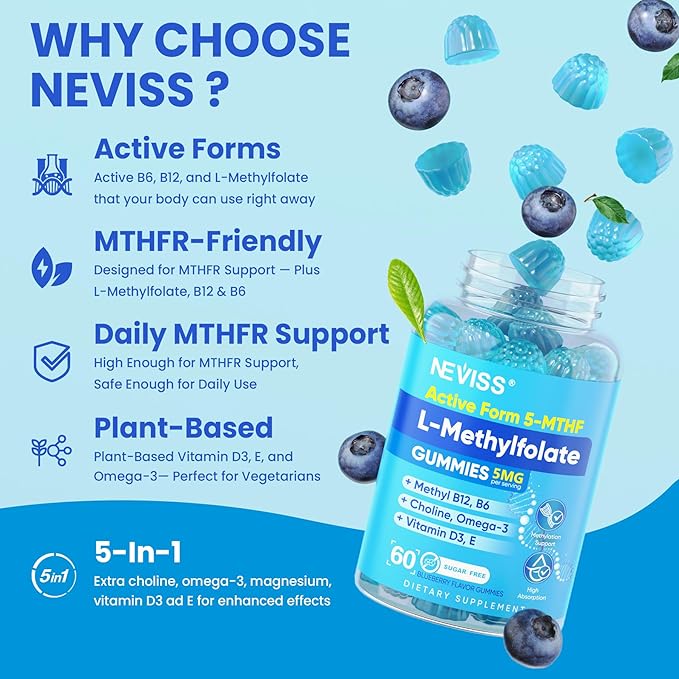 L Methylfolate Gummies &amp Methyl B12 Active 5-Mthf Methylated Folate 5mg Supplement for Women Men w/Methyl B ComplexCholineMagesiumOmega-3Methyl Folate for MethylationFocusMoodSugar Free1P