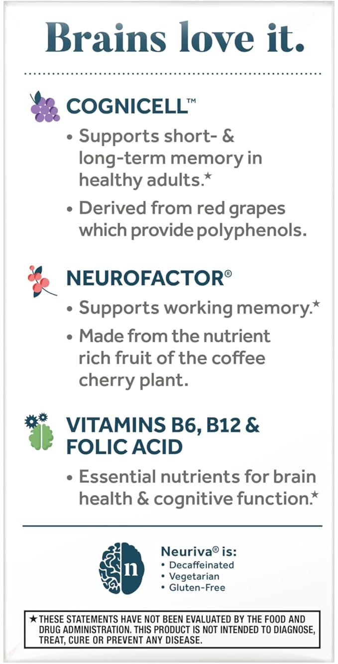 NEURIVA Memory 3D Brain Supplement - Decaffeinated Nootropic Capsules for Memory Focus &amp Cognitive Function - Short Term Long Term &amp Working Memory Support - 50ct