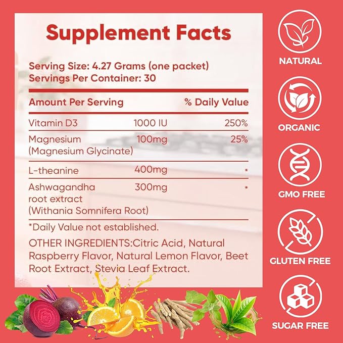 Cortisol Drink Mix with L Theanine Ashwagandha Magnesium &amp Vitamin D3– Helps Mental Clarity No Sugar Non GMO Raspberry Lemonade Flavor20 Packets