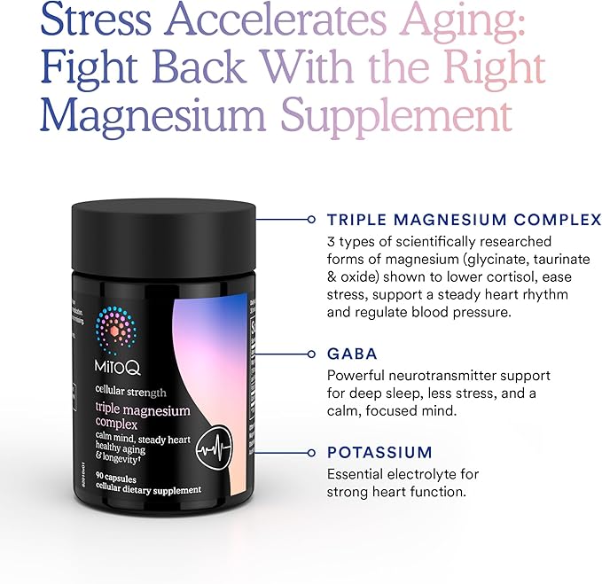 MitoQ Triple Magnesium Complex | Magnesium Glycinate Taurinate Oxide with GABA for Heart Health Stress Management &amp Deeper Sleep | High Absorption | 90 Capsules