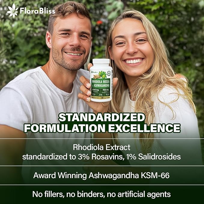 FloraBliss Rhodiola Rosea with Ashwagandha KSM-66 L-Theanine Holy Basil &amp Black Pepper - 90 High Potency Vegan Capsules - 45-Day Supply