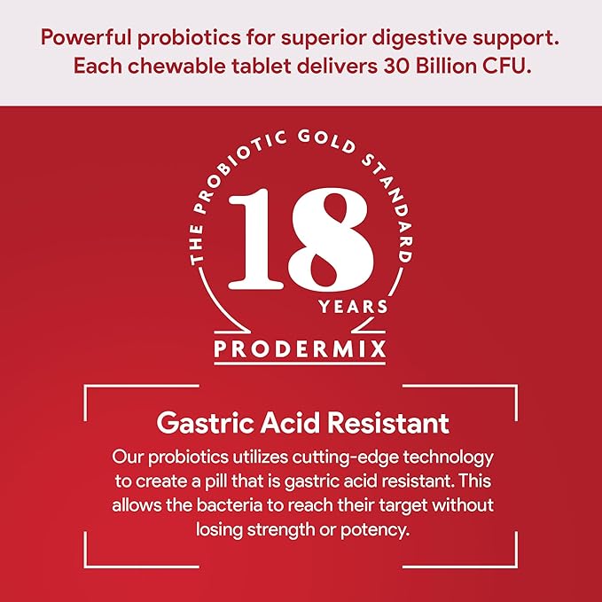 Chewable Probiotic 30 Billion CFU Pleasant Cherry Flavor Probiotics for Digestive Health Propietary Blend of Probiotics Including Acidophilus Kosher (60 Tablets)