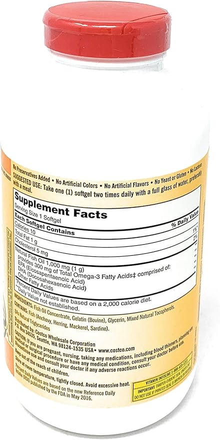 Kirkland Signature Fish Oil Concentrate with Omega-3 Fatty Acids 800 Softgels 1000mg